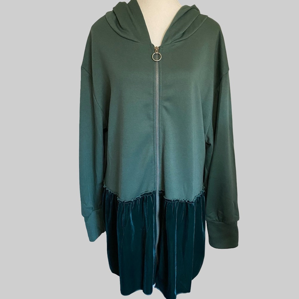 Green Velvet Teal Tier Zip Up Hooded Sweatshirt Style Top- Sz-2XL